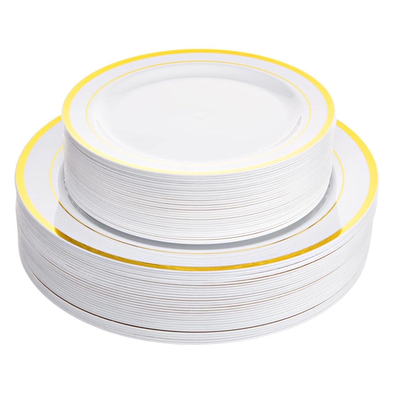 100 Disposable White Plastic Plates with Gold Trim 50 10" Dinner + 50 7.5" Salad